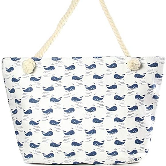 LOF Handbags - Navy Whale Canvas Tote Beach Bag
